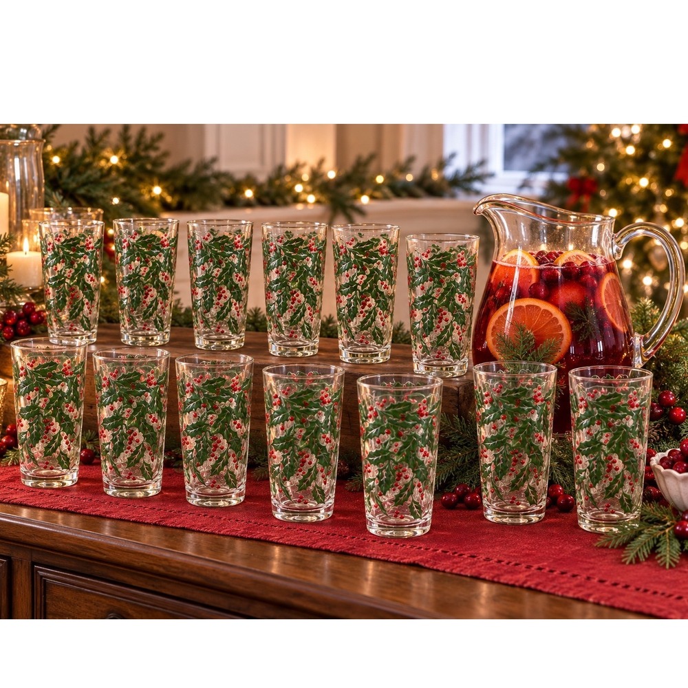 VTG Indiana Glass Bartlett-Collins Snow Holly Christmas Glasses 12 3D Tumblers